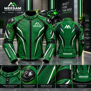 Blouson de moto en cuir vert respirant perforé, équipement de protection en cuir de vachette, imprimé numérique motif kangourou, effet délavé - Product Image 1