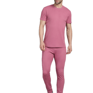 Men Pink Short Sleeve Crew Neck T-Shirt Full Length Pants Solid Color Casual Regular Fit Breathable Summer Wear - Product Image 1