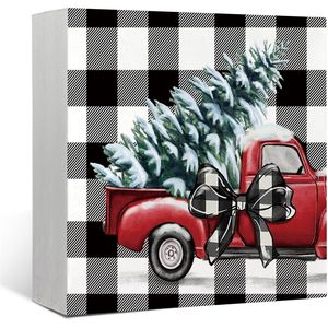 Decoración Navideña, Letreros de Madera en Caja, Camión Rojo, Decoraciones con Estampado de Cuadros Buffalo para el Hogar, Oficina, Dormitorio, para Acampar - Product Image 2