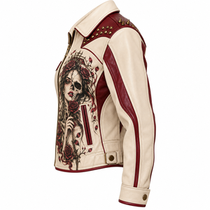 Chaqueta de Cuero Roja y Blanco Hueso Personalizada para Mujer con Estampado de Calavera y Rosas, Estilo Biker, Proveedor de Servicios OEM ODM - Product Image 4