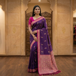 Sari de seda Banarasi morado con borde y trabajo de tejido Zari para bodas y fiestas, atuendo tradicional indio para mujer. - Product Image 1