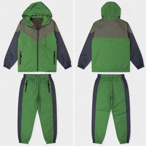 Nouvel ensemble de survêtement coupe-vent vert color block à capuche et fermeture éclair, manches longues, style sportif, en polyester, vente chaude - Product Image 2