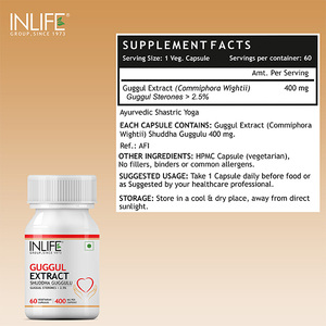 INLIFE Guggul Extract Capsules, extrait d'encens indien (Commiphora Mukul), extrait à base de plantes, 60 capsules végétariennes, certifié GMP, en flacon - Product Image 3