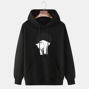 Sweat-shirt à capuche noir pour homme, imprimé graphique chat blanc, décontracté, manches longues, avec poche avant, coupe classique, pour l'automne, matière douce - Product Image 1