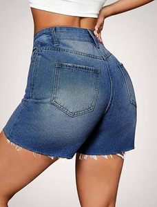 Shorts de mezclilla de cintura alta con dobladillo deshilachado y detalles rotos para mujer, ropa informal de verano - Product Image 4