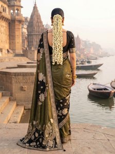 Sari traditionnel Gulbahar pour mariage, teint à la main, en tissu scintillant avec motif floral et design à fleurs éclatantes - Product Image 3