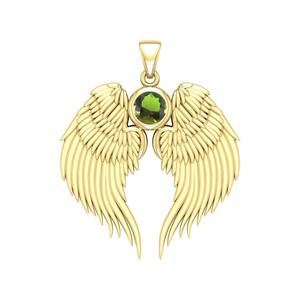 Peridot Quartz Guardian Angel Wing Birthstone Pendant Gold Plated with Round Crystal 3 cm Celestial Charm <b>Necklace</b> Birthstone - Product Image 1