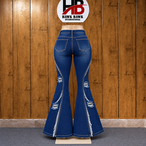 Vaqueros acampanados de mezclilla de pierna ancha para mujer, estilo cómodo con dobladillo acampanado, desgastados y rasgados, de longitud completa, estilo casual con letras. - Product Image 2
