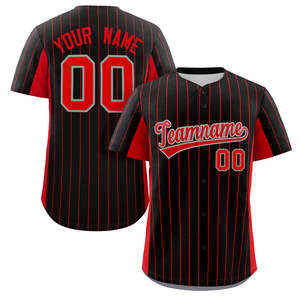 Maillot de baseball personnalisé noir et rouge à rayures fines, uniforme d'équipe boutonné, sublimé, en polyester anti-humidité, chemise de sport OEM - Product Image 2