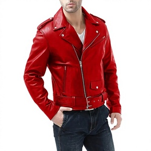 Blouson moto homme noir en cuir véritable, coupe ajustée, col rabattu, fermeture éclair, ceinture à la taille, décontracté, printemps, logo frontal - Product Image 4