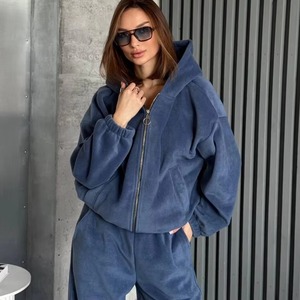 Custom High Quality Heavyweight 400 Gsm <b>White</b> Cotton Fleece <b>Women</b> Double Zipper Slim Fit Flared Jogger <b>Tracksuit</b> 2 Piece Set - Product Image 4