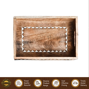 Elegant Design Superior Quality Wholesale Rectangular Shape <b>Hand</b> Carved Mango Wood Food Serving Trays <b>Set</b> of 2 with Handles - Product Image 4