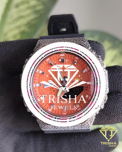 Reloj de Plata de Ley 925 con Incrustaciones de Diamantes Moissanite, Esfera Naranja Intensa y Bisel con Gema de Corte Esmeralda Rosa - Product Image 2