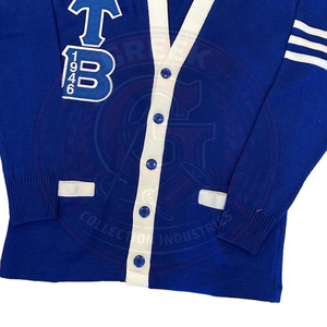 Fraternity sorority Blue acrylic Knitted <b>Cardigan</b> <b>Sweater</b> Greek letter TB Logo White Trim Full Sleeve Embroidery collage wear - Product Image 3
