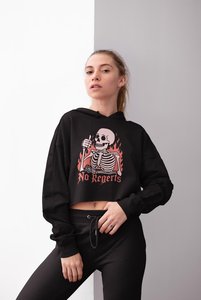 Women's Black Cropped Hoodie <b>Skull</b> Print Long Sleeve Casual Sweatshirt Front Logo Autumn Wear - Product Image 6