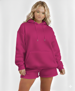 Ensemble décontracté deux pièces pour femme, motif uni, longueur intégrale, 100 % coton respirant et écologique, comprenant un sweat à capuche et un short - Product Image 4