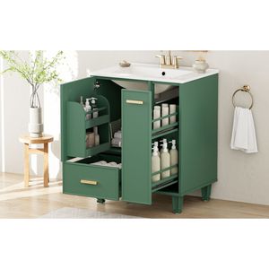 Mobile bagno in legno massello da 24 pollici con telaio in MDF, lavabo, ripiano portaoggetti, cassetto profondo e mobiletto a 2 livelli con cestello estraibile - Product Image 4