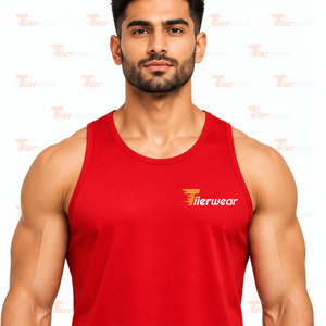 Tiierwear Men's <b>Red</b> Sleeveless Tank <b>Top</b> O-Neck Sporty Breathable Polyester Workout Gym <b>Vest</b> Front Logo Print Gm Tank <b>Tops</b> - Product Image 5