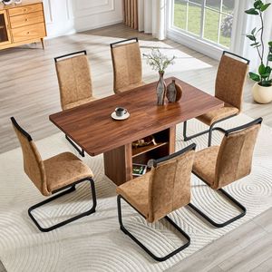 Set Tavolo da Pranzo Allungabile 59-71 Pollici con Piano in MDF Noce e 6 Sedie in Tessuto Tecnologico Marrone, Set per Sala da Pranzo - Product Image 2