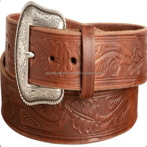 Cinturón de herramientas de cuero occidental marrón con relieve de hoja de alta calidad para hombre con hebilla de latón grabada floral cinturón de cuero mecanizado - Product Image 1