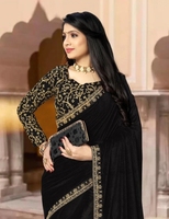 Sari en velours de viscose KV noir et or pour femme, coupe classique, idéal pour les fêtes d'automne, les mariages et le Diwali, avec chemisier brodé, réversible et infroissable