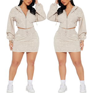 Women Plus Size Zipper Crop Top hoodie Mini <b>Skirt</b> Set mineral wash women tracksuit set oversized crop top drop shoulder crop top - Product Image 1