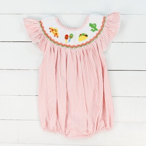 Robe pour filles à rayures roses avec col de poupée brodé, manches à pétales, robe courte en coton d'été - Product Image 1