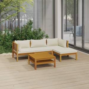 Ensemble de salon de jardin en bois d'acacia massif avec revêtement en polyester crème moyen - Mobilier d'extérieur élégant - Product Image 1