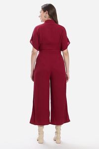 Women's Sweet <b>Red</b> Printed Crepe Jumpsuit <b>Belted</b> High Waist Puff Sleeve Polo Collar Casual Loose Fit Ankle Length Spring Summer - Product Image 2