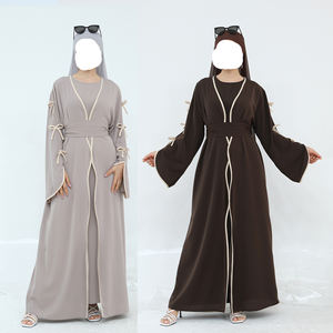 OEM EID Set 2pcs New Abaya Dubai Islamic Clothing <b>Women</b> Modest Bow Sleeves Open Abaya Elegant Inner <b>Slip</b> Modest Abaya Cardigan - Product Image 1