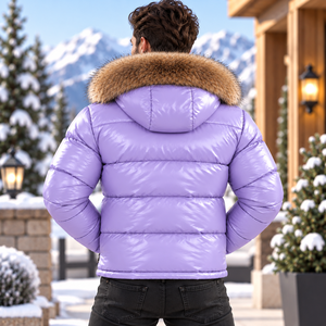 Men's Leather Puffer <b>Coat</b> with Fox Fur Hood Quilted Warm Winter Outdoor Jacket| Piumino Lucido Uomo | Chaqueta Brillante - Product Image 2