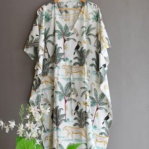 Vestido Maxi con Estampado Tropical, Cuello Redondo, Manga Corta, Corte Holgado, Estilo Safari, Vestido Casual de Verano de Algodón Tejido - Product Image 5