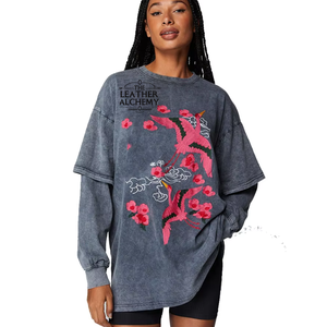 Camiseta de Mujer con Mangas Dobles, Lavado Ácido, Estilo Vintage, Casual, Cómoda para Uso Diario - Product Image 1