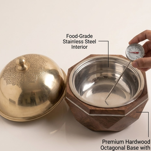 Luxury Wooden Hotpot Food Warmer Stainless Steel Enamel Coated Brass Lid 3pcs Mother Pearl Inlay Casserole <b>Set</b> Handcrafted - Product Image 2