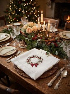 Servilleta DE CORONA DE Navidad de tela de lino personalizada, servilleta de cena con lazo rojo bordado, Hemstitch, hogar, Hotel, vacaciones, uso en la cocina - Product Image 4