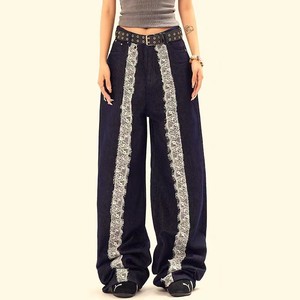 Pantalones Vaqueros Anchos de Cintura Alta con Rayas de Encaje para Mujer, Diseño Personalizado, Estilo Casual - Product Image 6
