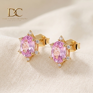 Nouveauté certifiée IGI : Boucles d'oreilles clous en or jaune massif 9K avec diamant de laboratoire et saphir Padparadscha, bijoux de créateur pour femme - Product Image 3