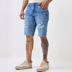 Shorts Bermuda en jean déchiré bleu clair pour homme, taille mi-haute, fermeture éclair, style urbain, en coton tissé respirant, coupe ajustée, séchage rapide - Product Image 5