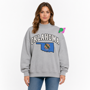 เสื้อสเวตเชิ้ตคอเต่าแบบมีลายปักตัวอักษรและแผนที่ OKLAHOMA เสื้อสเวตเชิ้ตคอเต่าแบบสั่งทำพิเศษ เสื้อสเวตเชิ้ตคอเต่าทรงโอเวอร์ไซส์ - Product Image 1