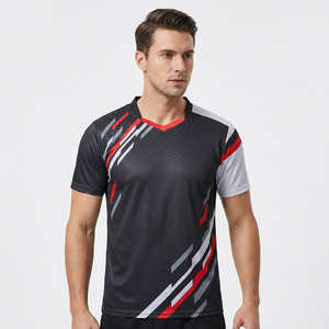 เสื้อยืดคอกว้างทรงสปอร์ตแขนสั้นสำหรับผู้ชาย พิมพ์ลายดิจิทัล แห้งเร็ว ระบายอากาศได้ดี ทรงปกติ ผ้าโพลีเอสเตอร์ถัก สีดำ แดง เทา - Product Image 3