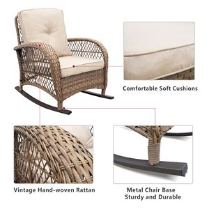 Set di 3 Sedie a Dondolo in Vimini per Esterni, Colore Kaki, con Cuscini Impermeabili per Uso in Giardino - Product Image 2