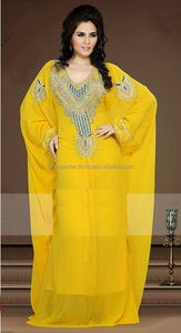 Bahrain Women Fashion Style Yellow Colour <b>Kaftan</b> With New Beads Work Design on Front - Product Image 1