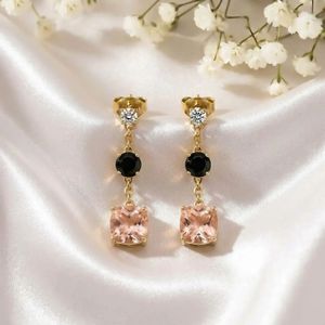 Morganite Cushion Cut & Black Obsidian Round Faceted Drop <b>Earrings</b> With CZ Accent Elegant Minimalist Fine <b>Stud</b> Gemstone <b>Earring</b> - Product Image 1