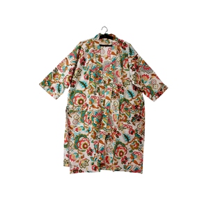 Robe kimono en coton biologique à fleurs, vente en gros |   Robe de chambre à imprimé artisanal avec poches |   Ensemble de vêtements de nuit à manches longues et col en V - Product Image 1