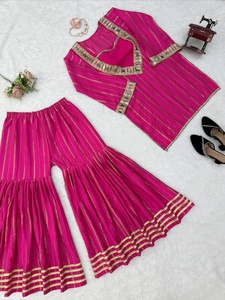 Women's Striped Salwar Kameez Set With <b>Mirror</b> Work With Embroidery For Traditional Wear Indian And Pakistani Style - Product Image 5