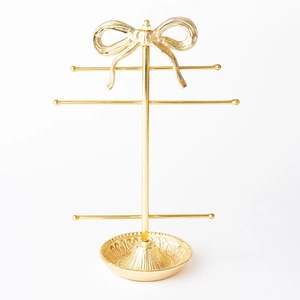 <b>Gold</b> Metal Jewelry Stand with Bow Top and Tray for Necklaces and Rings - Product Image 2
