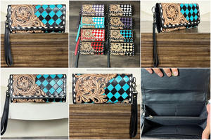 Cartera de Cuero Vacuno con Diseño Floral a Cuadros, Estilo Bohemio Vintage, Hecha a Mano, con Correa para la Muñeca, Ideal para Damas - Product Image 5