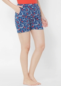 Women's Blue Print Cotton Shorts Casual <b>Elastic</b> Waist Knitted Breathable Regular Fit Letter Pattern - Product Image 5