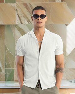 Mens Corduroy Camp Collar <b>Shirt</b> With Short Sleeves Solid Texture <b>Button</b> Front Regular Cut Travel Resort Casual Summer Outfit - Product Image 4