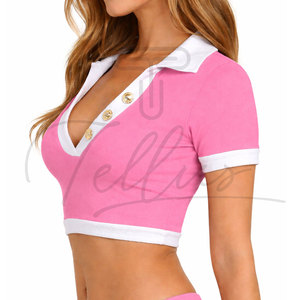 Top Corto de Último Diseño para Mujer, Uso en Exteriores, Color Sólido, Cuello en V, Manga Corta, Transpirable, Cómodo, Informal, Verano, Poliéster/Algodón - Product Image 3